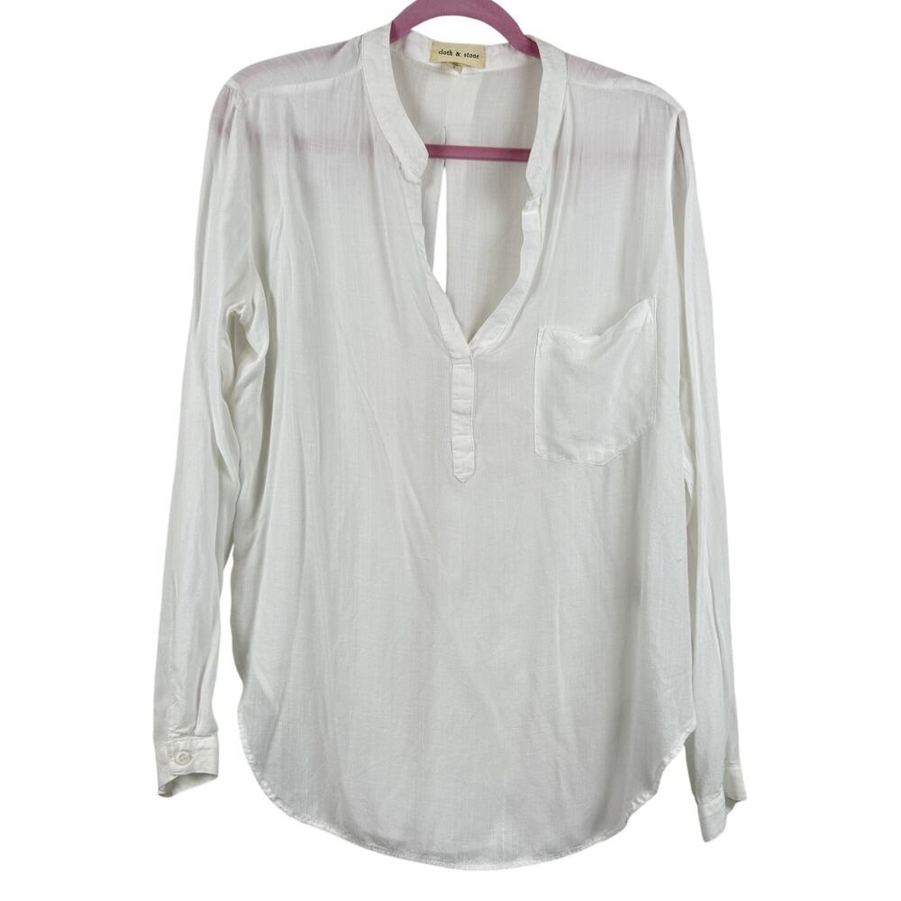 Cloth & Stone White Popover Blouse Large 100% Rayon Casual Minimalist Top L